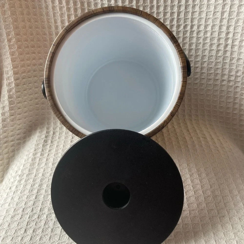 Vintage Irvinware Woodgrain Look Ice Bucket With Black Lid And Handle